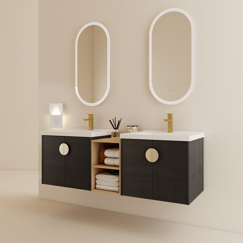 Meuble-lavabo double 59,8 po avec plateau en céramique Shatell, Blanc