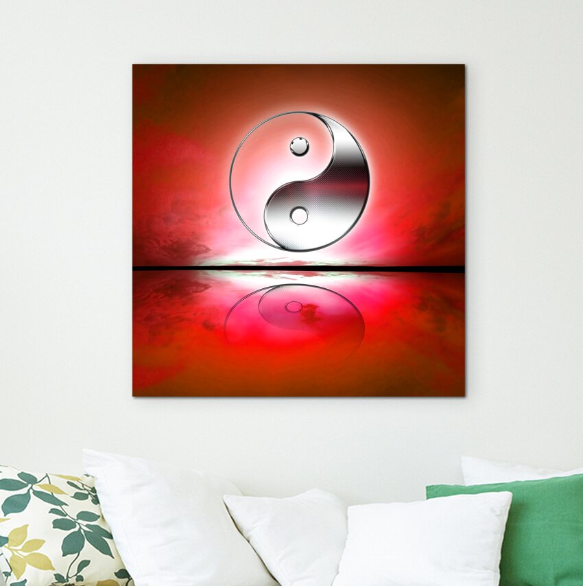 Leinwandbild Yin und Yang Symbol vor rotem Hintergrund