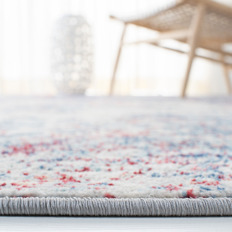 Tapis abstrait gris clair / bleu N'Keal, Navy/Red, Rond 6 pi 7 po