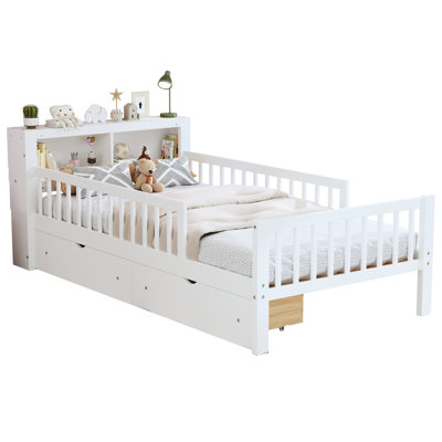 White Twin Size Bed With Headboard Storage Rack & Guardrails - Features Construction Compartments Two Under Drawers Build