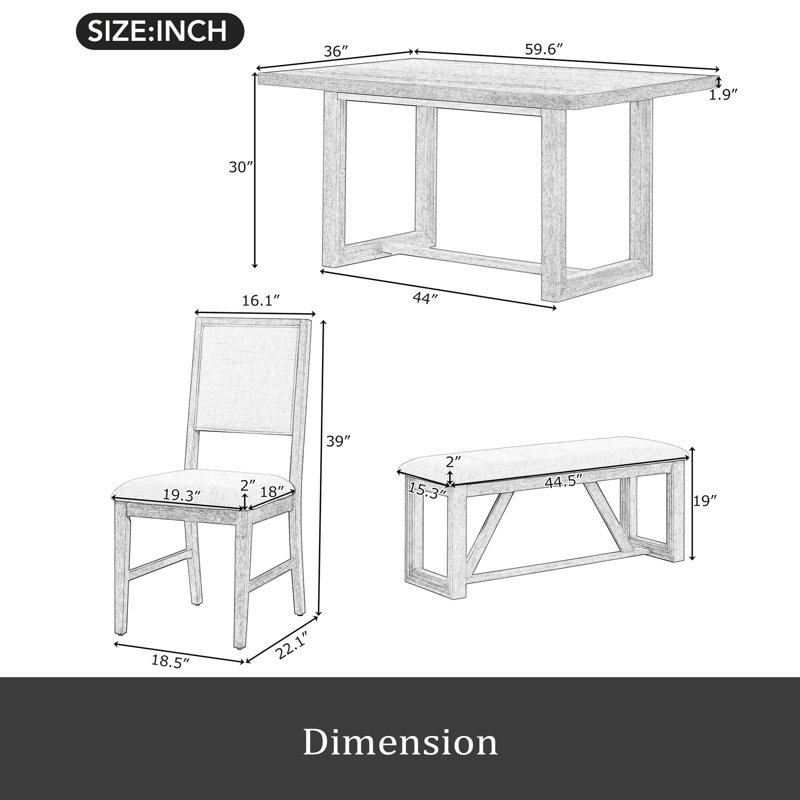 Ensemble de salle à manger 6 pièces, 1 table rectangulaire avec base à tréteaux conçue, 4 chaises rembourrées et 1 banc pour la salle à manger et la cuisine