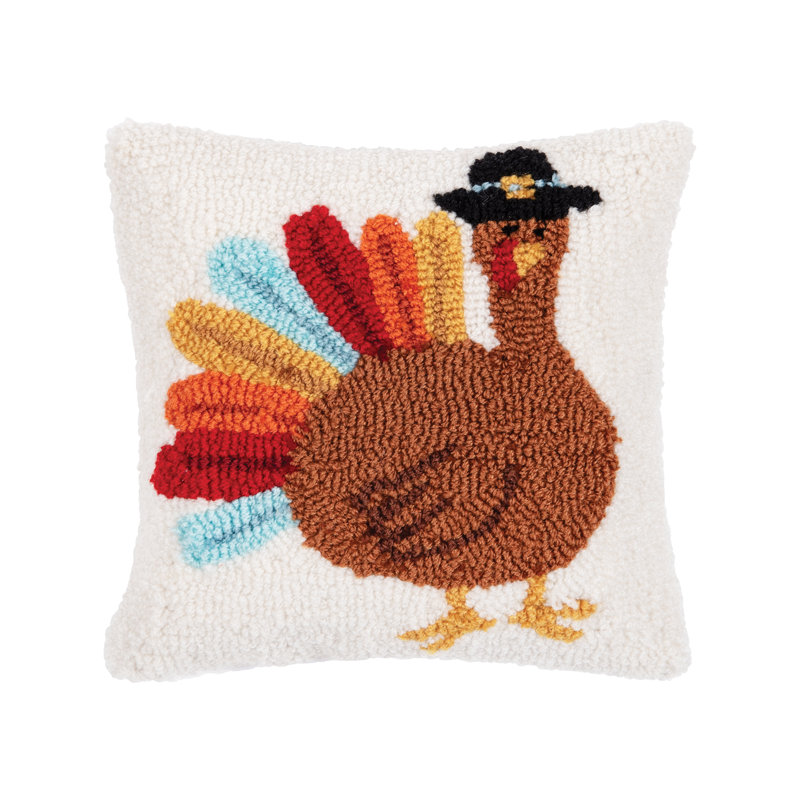 Colorful Turkey Hooked Thanksgiving Accent Pillow