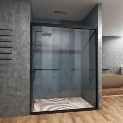 Porte de douche coulissante double demi-cadre l 50 à 54 po x H 72 po, largeur réglable en verre trempé, film antidéflagrant, compatible avec douche à l'italienne, noir mat