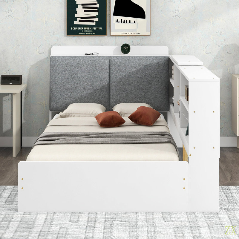 Lit plateforme en bois avec tête de lit, tablettes et 2 tiroirs, Blanc