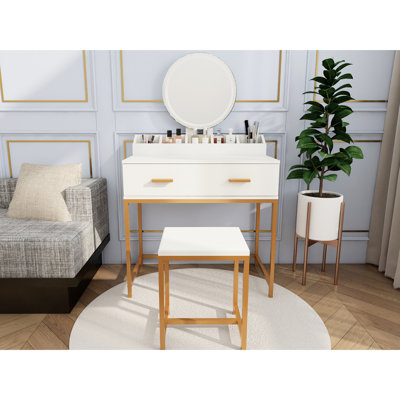 Elegant White and Gold Makeup Vanity Set with Mirror, Stool, and Storage Drawers for Small Bedrooms