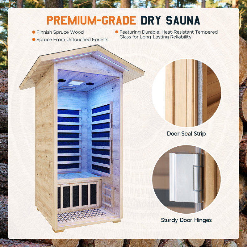Outdoor Sauna 1 Person, Infrared Saunas For Home, Low Emf 1245W/110V Spruce Wood Dry Sauna With Tourmaline Stone Foot Heater, 7-Color Light Therapy, 2 Bluetooth Speakers, 33.5"X35.8"X78.7"