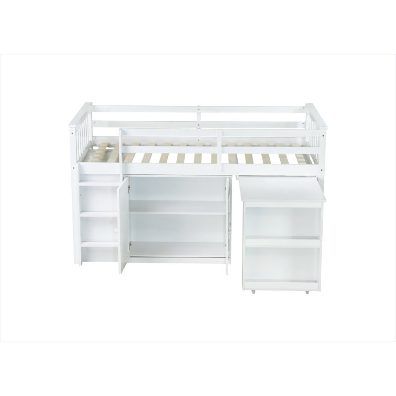 Lit mezzanine simple avec armoire de rangement, armoire à tiroirs et à tablettes et bureau coulissant, Blanc