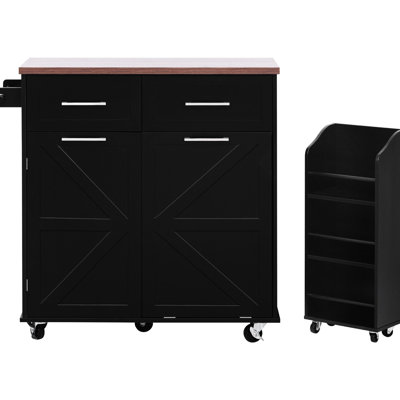 47.2" Kitchen Island, Drop Leaf, Removable Side , Towel Rack, Concealed Tilt Trash Bin Cabinet