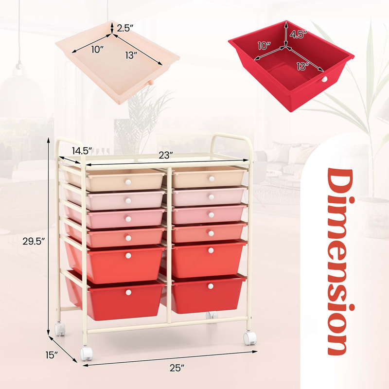 Niccolas 12 Drawer Storage Drawer with Locking Wheels, Gradient Pink