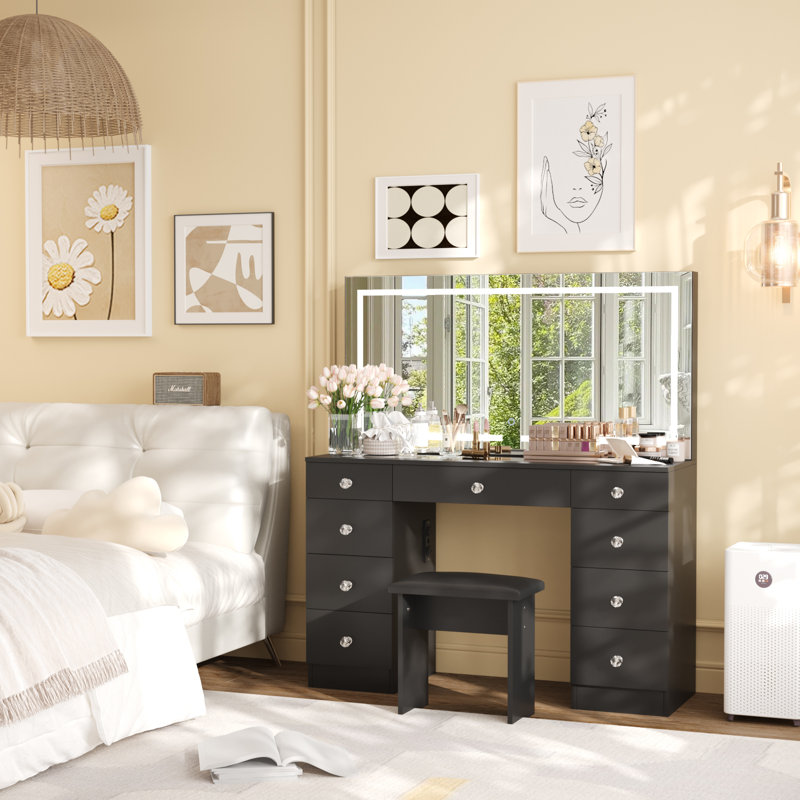 47"W Glass Top Vanity Set With LED Mirror & Power Outlets, 9 Drawers With Diamond Handles, Black