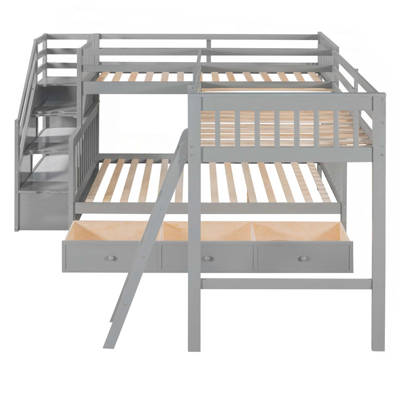 Twin Over Full L-Shaped Bunk Bed With 3 Drawers, Ladder And Staircase, Gray