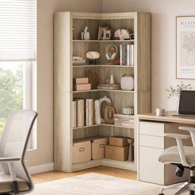 Bibliothèque d'angle en L 71,8 po, grande bibliothèque d'angle à 5 niveaux avec ensemble anti-basculement, présentoir spacieux et rangement pour le salon et le bureau à domicile