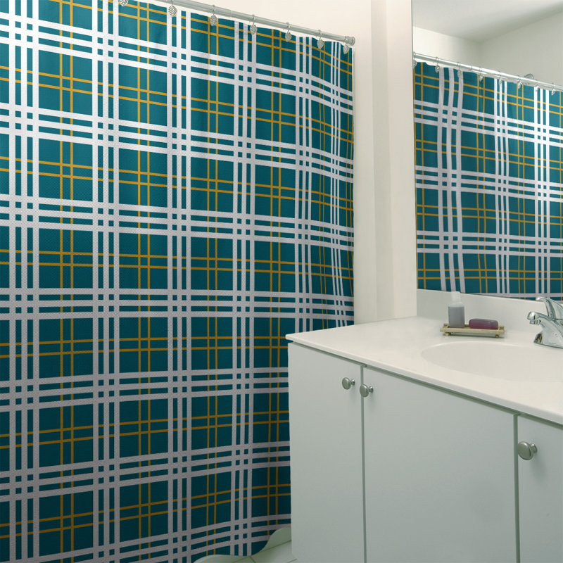 Rideau de douche simple à carreaux Jacksonville, Bleu sarcelle / or / blanc