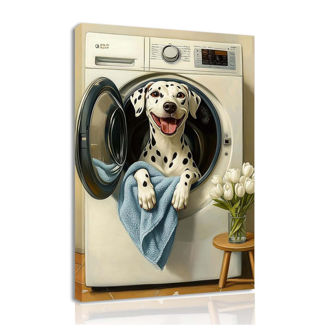 Laundry Room Canvas Frame Wall Art Laundry Sign Painting Vintage Funny Dog Artwork Decor For Wash Room Bathroom Laundromat Dry Cleaning Store