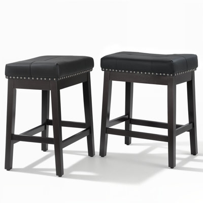 Set of 2 Upholstered Counter Height Bar Stools, PU Leather Barstools Kitchen Island Stools With Saddle Seat