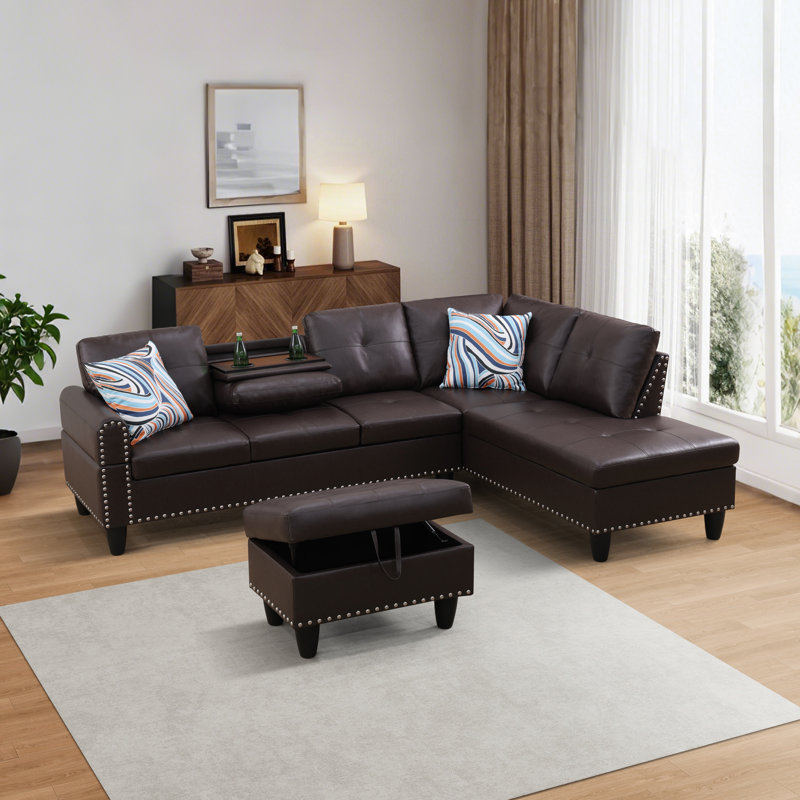 Ensemble de canapé en forme de L de 97,5 po, canapé modulaire modulaire pour le salon avec repose-pieds avec rangement, ensemble de salon à 4 places avec méridienne pour bureau (similicuir, brun)
