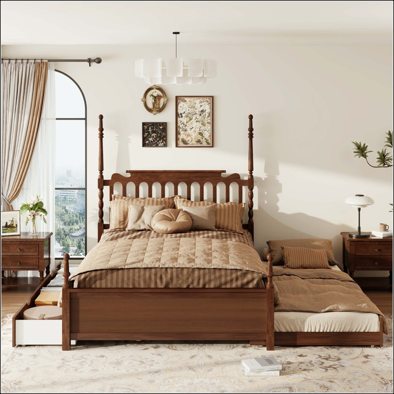 Grand lit plateforme avec lit gigogne simple TG et tiroirs de rangement, Noyer