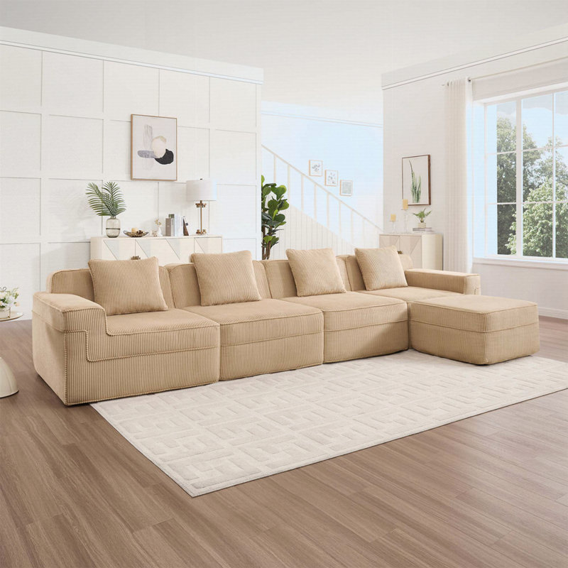 Canapé modulaire modulaire en L à 4 places sans os, canapé modulaire Cloud avec assise profonde, canapé modulaire moderne à 4 places avec coussins décoratifs et 1 repose-pieds mobile, tissu en velours côtelé