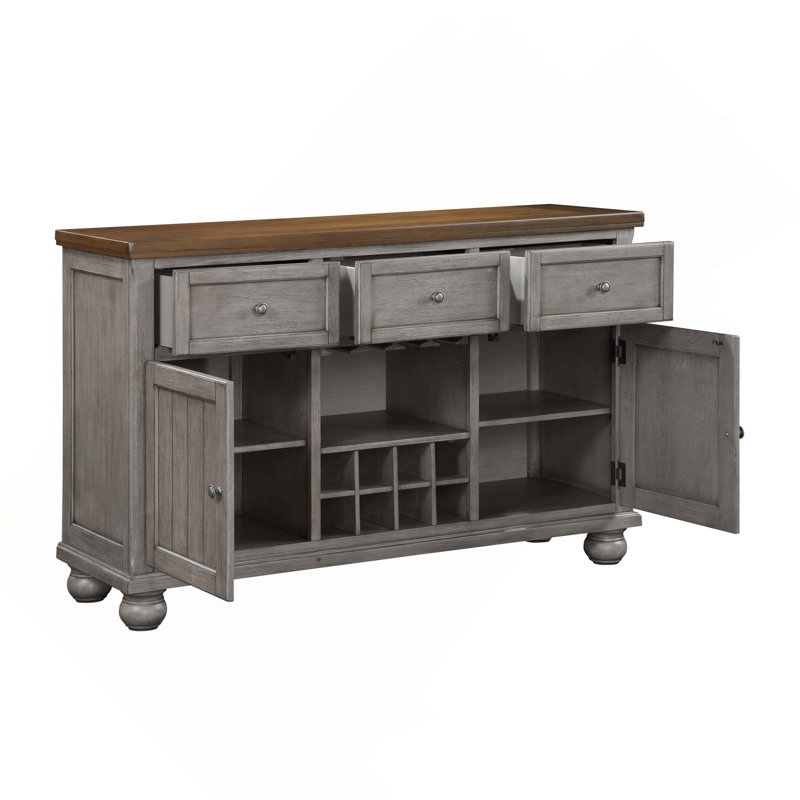 Buffet de cuisine de style traditionnel 1 pièce avec tiroirs, tablette réglable et support à vin pour 8 bouteilles, Gris