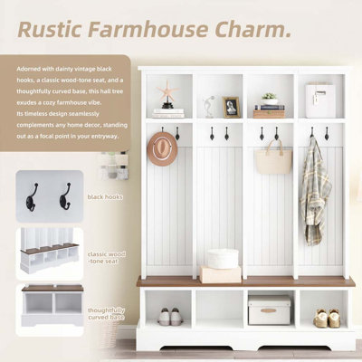 Farmhouse 59"W Wide Hall Tree with 8 Hooks
