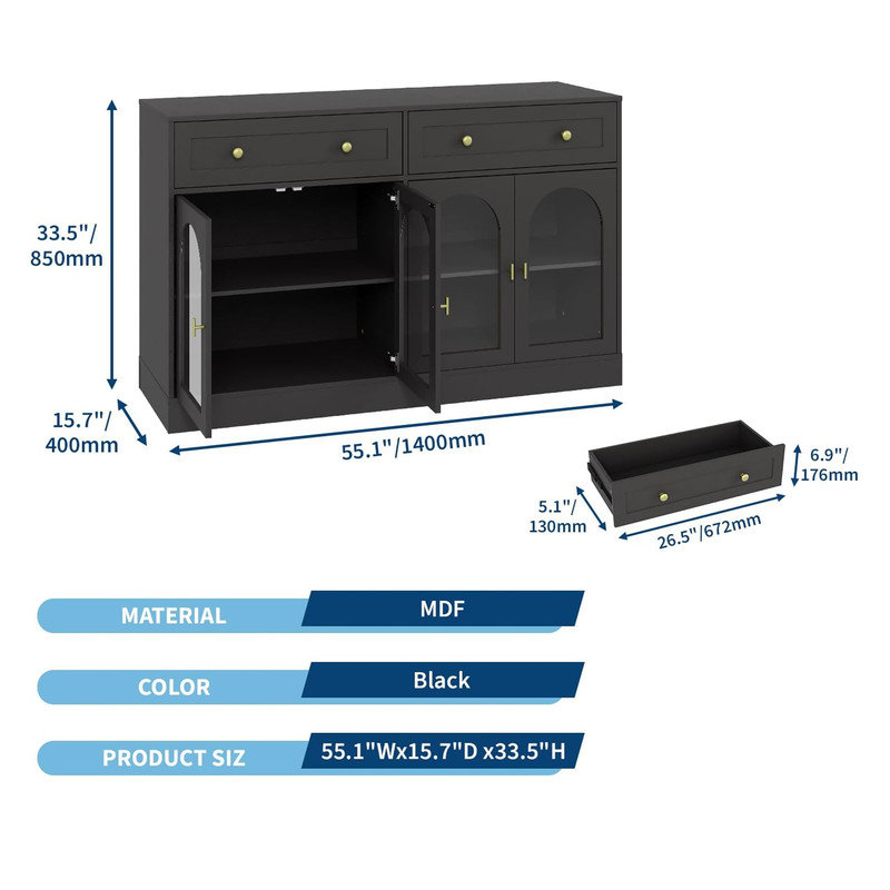 55.1" Sideboard Buffet Cabinet with Storage, Buffet Table with 2 Drawers and 4 Acrylic Doors, Wood Coffee Bar with Adjustable Shelves for Kitchen, Dining Room, Living Room