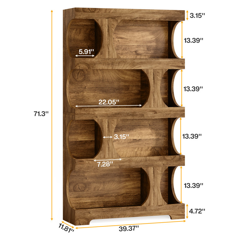 71" Tall Bookcase, 4-Tier S-Shaped Bookshelf, Brown