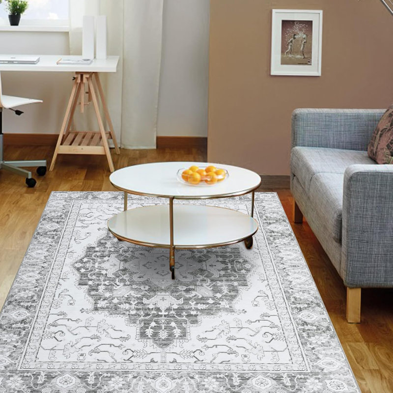Boho Printed Area Rug – Soft Washable Carpet, Distressed Pattern, Non-Slip, Foldable, Low Pile for Living Room, Bedroom, Office (Blue)