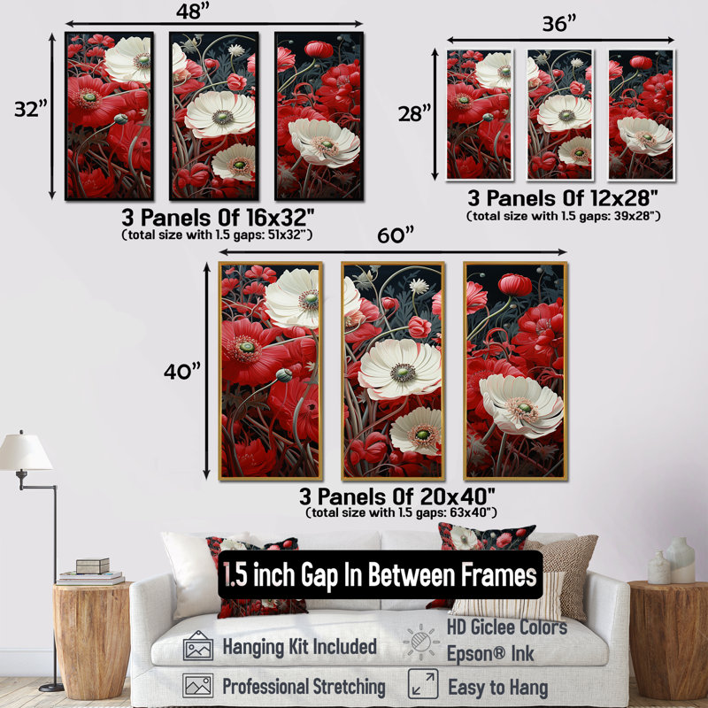 «White and Red Crimson Flower S Embrace», ensemble d'art mural sur toile fleur, Cadre flottant noir