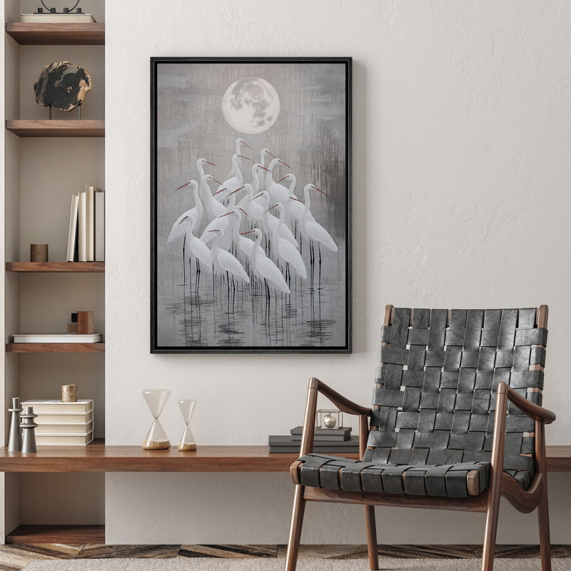 Reproduction d'art sur toile encadrée «A Flock of Cranes Heron Under Full Moon», Noir, noir, noir, noir, H 24 po x l 16 po
