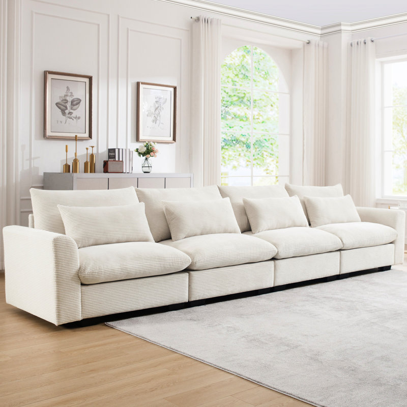 Canapé 4 places en velours côtelé beige pour le salon - Mobilier de détente à assise profonde et coussin moelleux, Beige