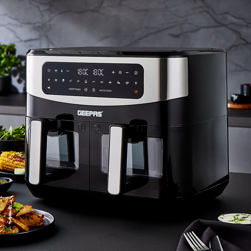 GEEPAS 9L XL Dual Zone Air Fryer & 10L Air Fryer Drawer Combo - 10-In-1 Functions, Touch Screen, Viewing Window, Dual Temperature Control, Match Cook, Smart Finish - Large Capacity, Batch Cooking