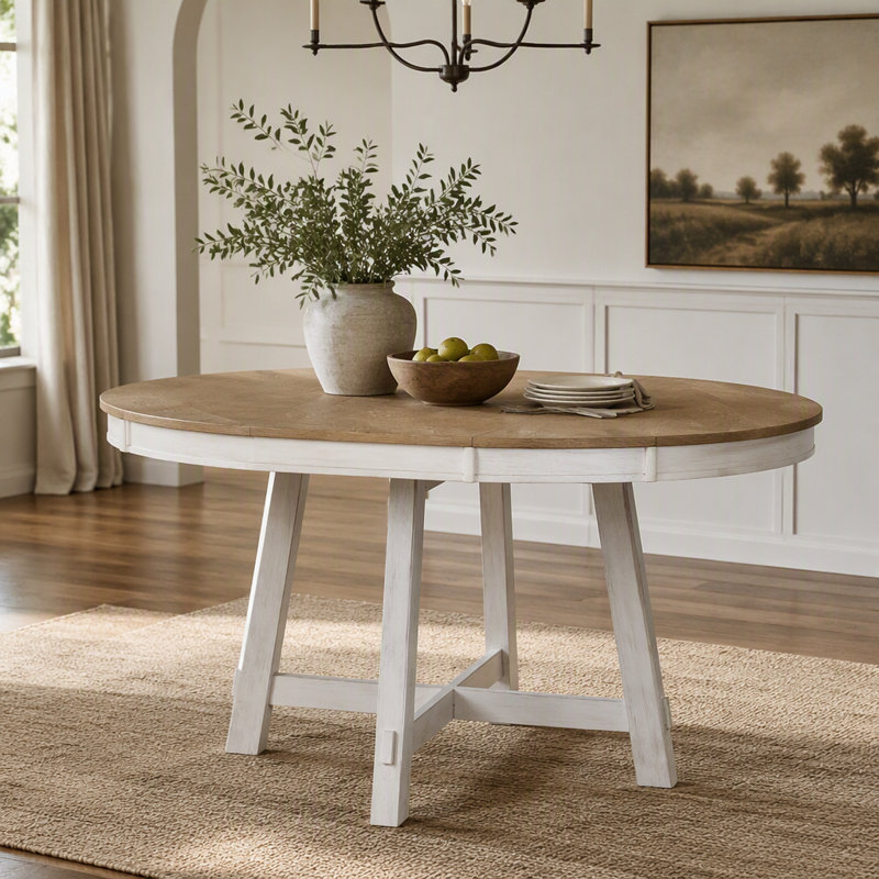 Round Extendable Dining Table with 16" Leaf Wood Kitchen Table