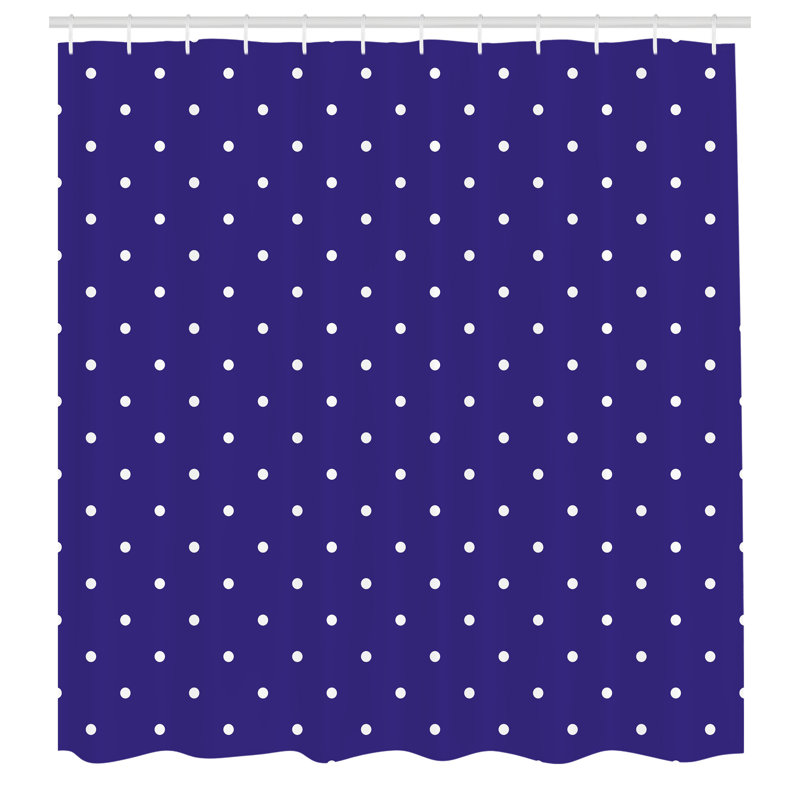 Navy Blue Polka Dot Fabric Shower Curtain with Hooks