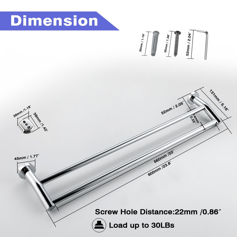 Porte-serviettes mural en acier inoxydable 24 po, 1, Chrome poli