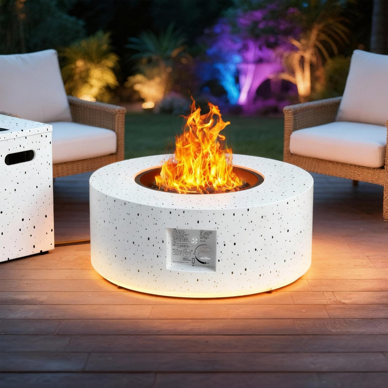 13.5’’ H X 30’’ W Round Steel Propane Smokeless Outdoor Fire Pit Table 50,000 Btu With Golden Light And Tank Storage Table