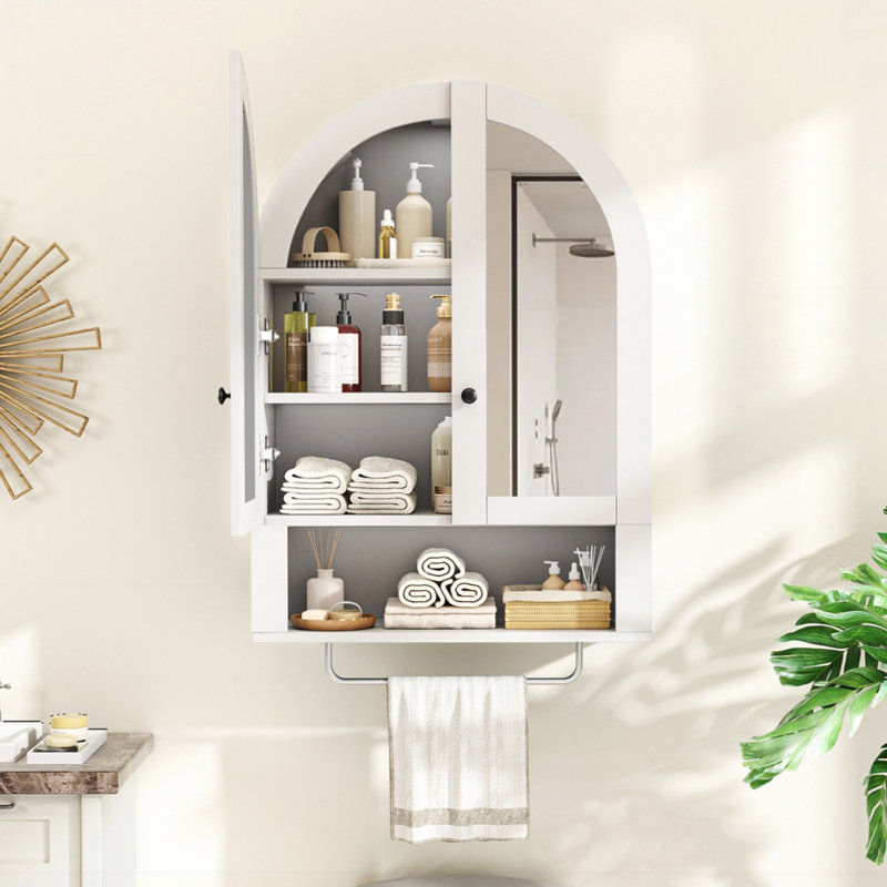 Wall Mounted Arched Cabinet with Mirrored Doors and Adjustable Shelves, White