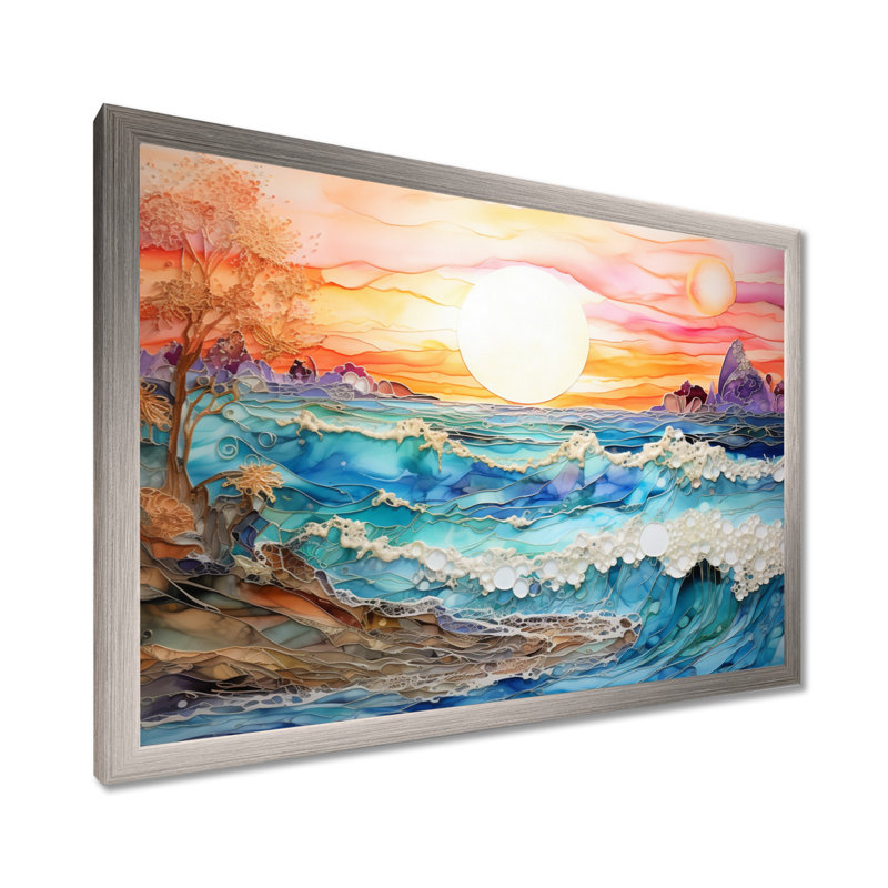 Rainbow Ocean Sunrise - art mural océan, H 12 po x l 20 po x P 1 po, Cadre simple argenté