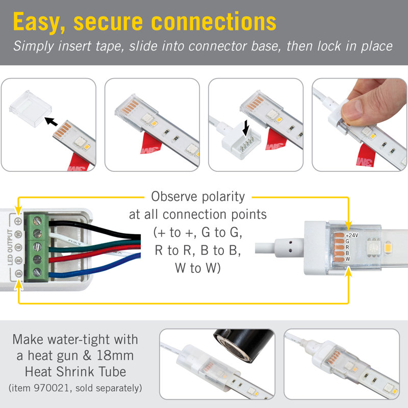 5 Pin IP67 Outdoor LED Strip Light RGB+W 12 in Wire Lead Connector, 2 Pack