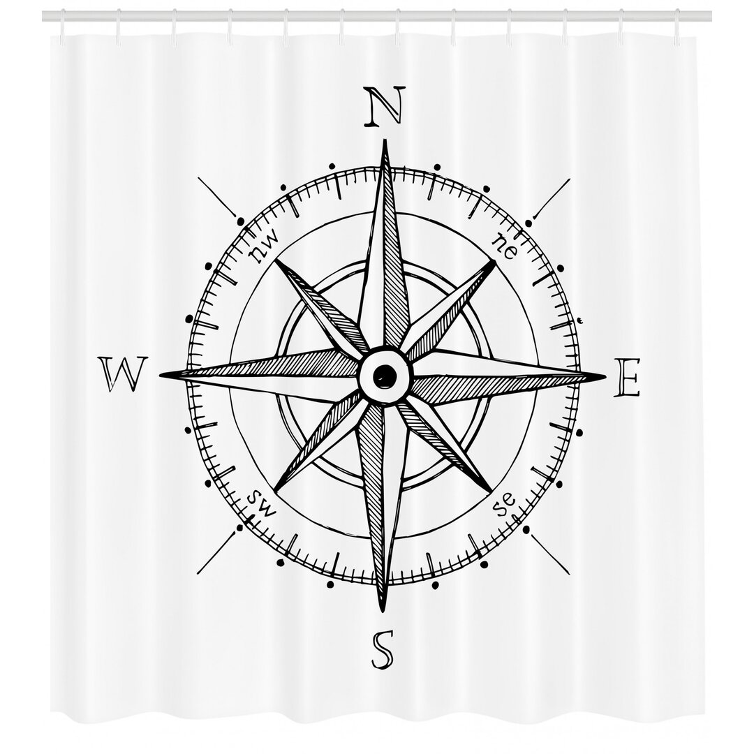 Duschvorhang, Windrose Wegbeschreibung, Kompass, Weiß Schwarz