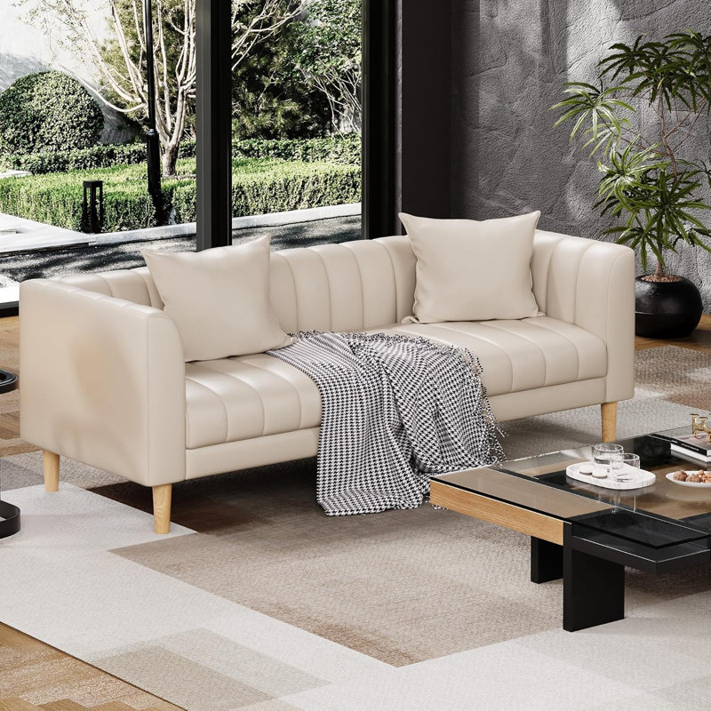 Canapé 83 po en similicuir 83 places avec coussins et pieds en bois, beige