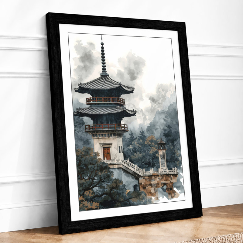 Pagoda in Cloud Japandi - Framed Print, Black, A3 - 42.0 x 29.7 cm