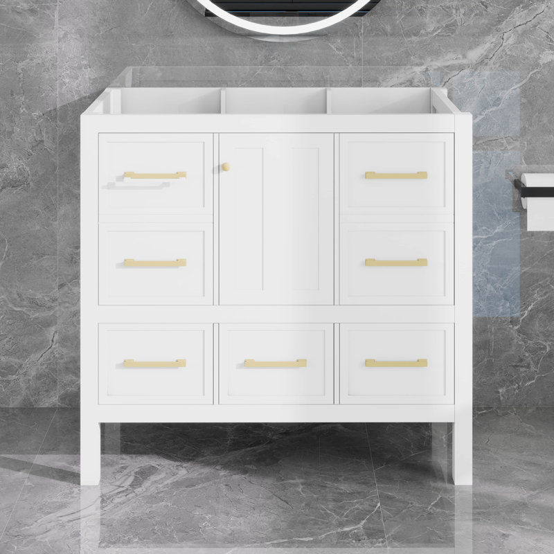 Meuble-lavabo 36 po avec structure en bois massif et 5 tiroirs, Blanc