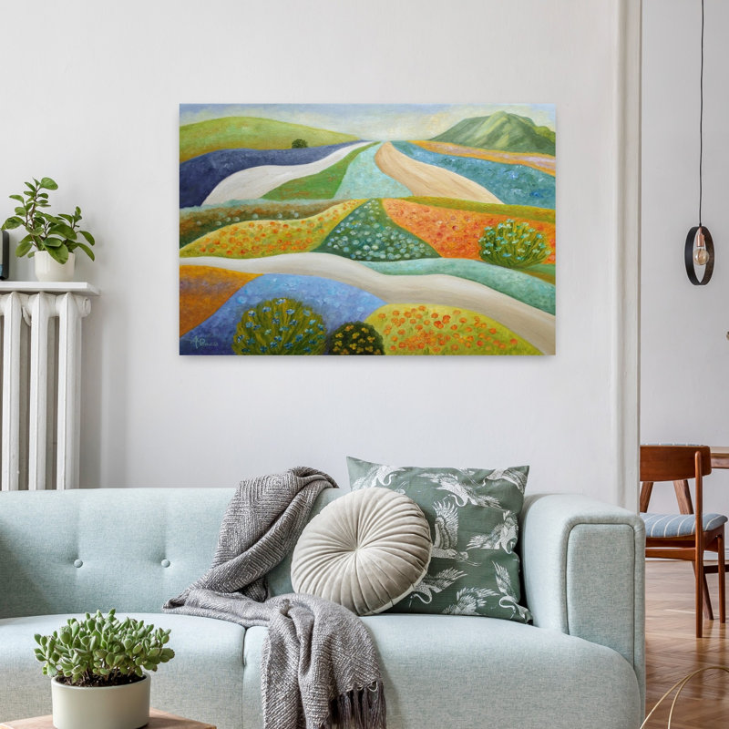 «Vibrant Flower Fields Abstract Colorful Rustic Landscape Mountain», art mural, H 24 po x l 36 po