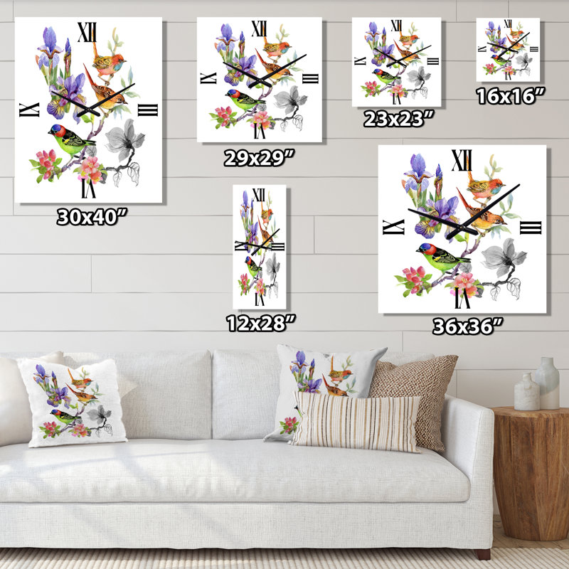 Horloge murale traditionnelle fleurs tropicales et oiseaux colorés I, Petit