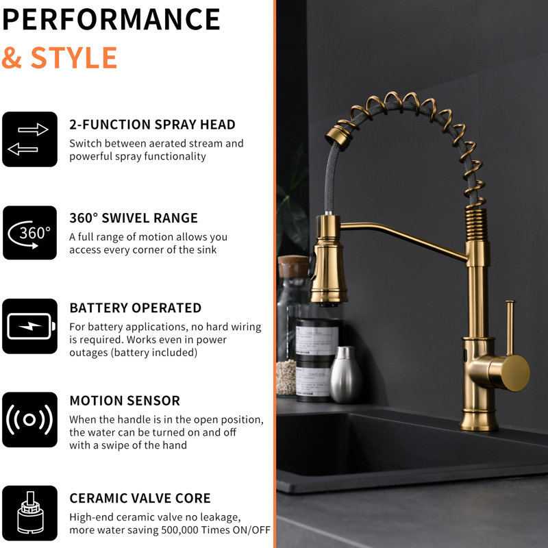 Automatic Motion Sensor Kitchen Faucet - Hands- Touchless Pull-Down Brushed Gold Contemporary Sink Hands With Down For Sinks