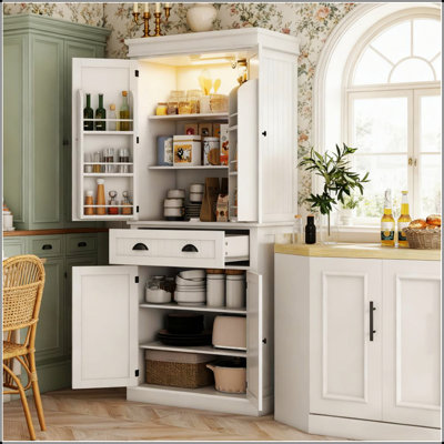 Nordic Style Kitchen Pantry Cabinet with LED Lights, 6 Door Shelves, a Drawer, and 4 Adjustable Shelves for Efficient Storage