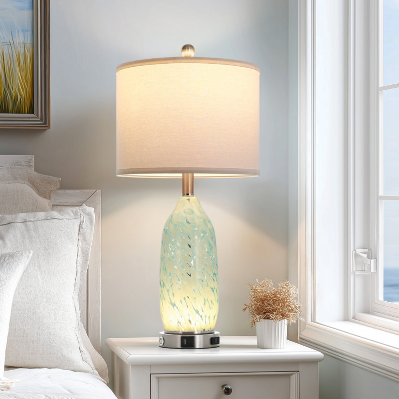 26" Coastal Glass USB Table Lamps with Touch Control & Night Light, Light Blue