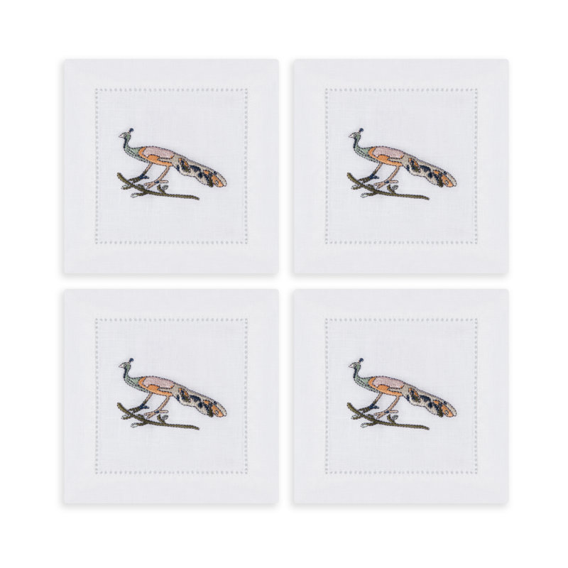 Bird Motif Embroidered Linen Cocktail Napkins