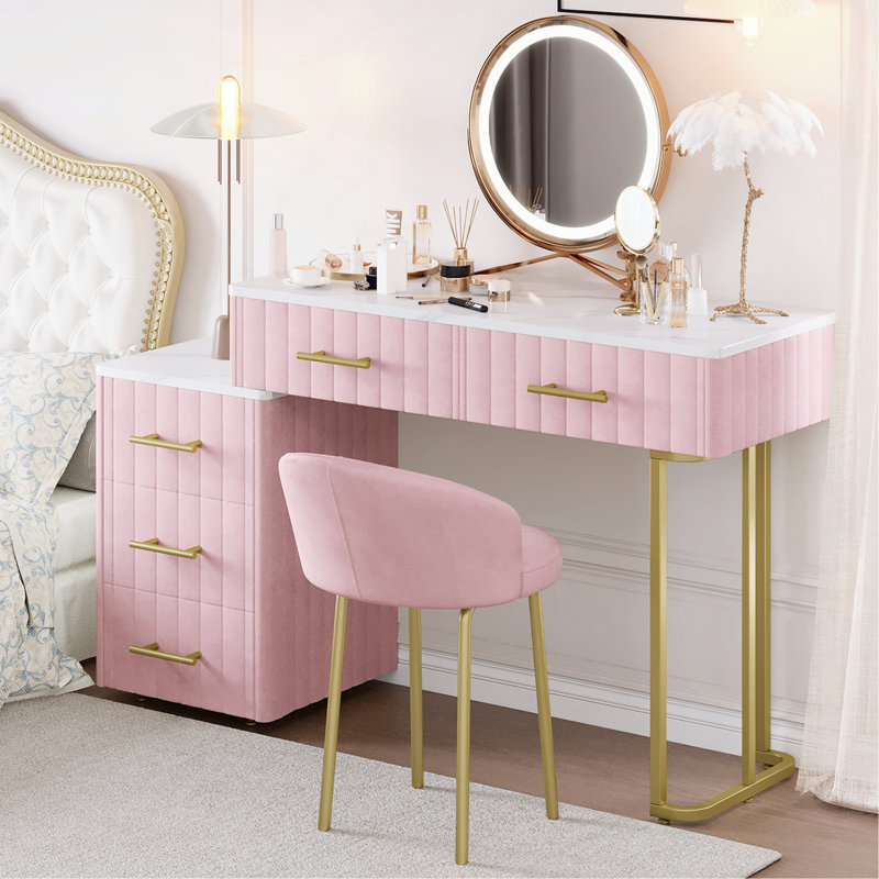 Meuble-lavabo en velours avec fauteuil, ensemble de meuble-lavabo avec 5 grands tiroirs, table de maquillage avec fauteuil rembourré, coiffeuse en marbre avec rangement réglable à gauche et à droite