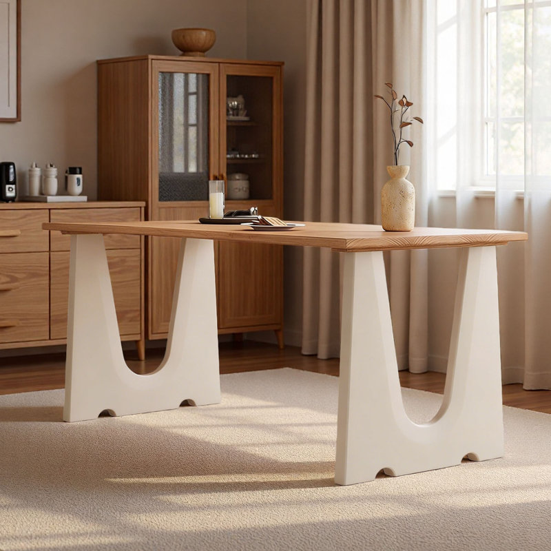 Cream Solid Wood Dining Table, 29.5"H x 86.6"L x 35.4"W